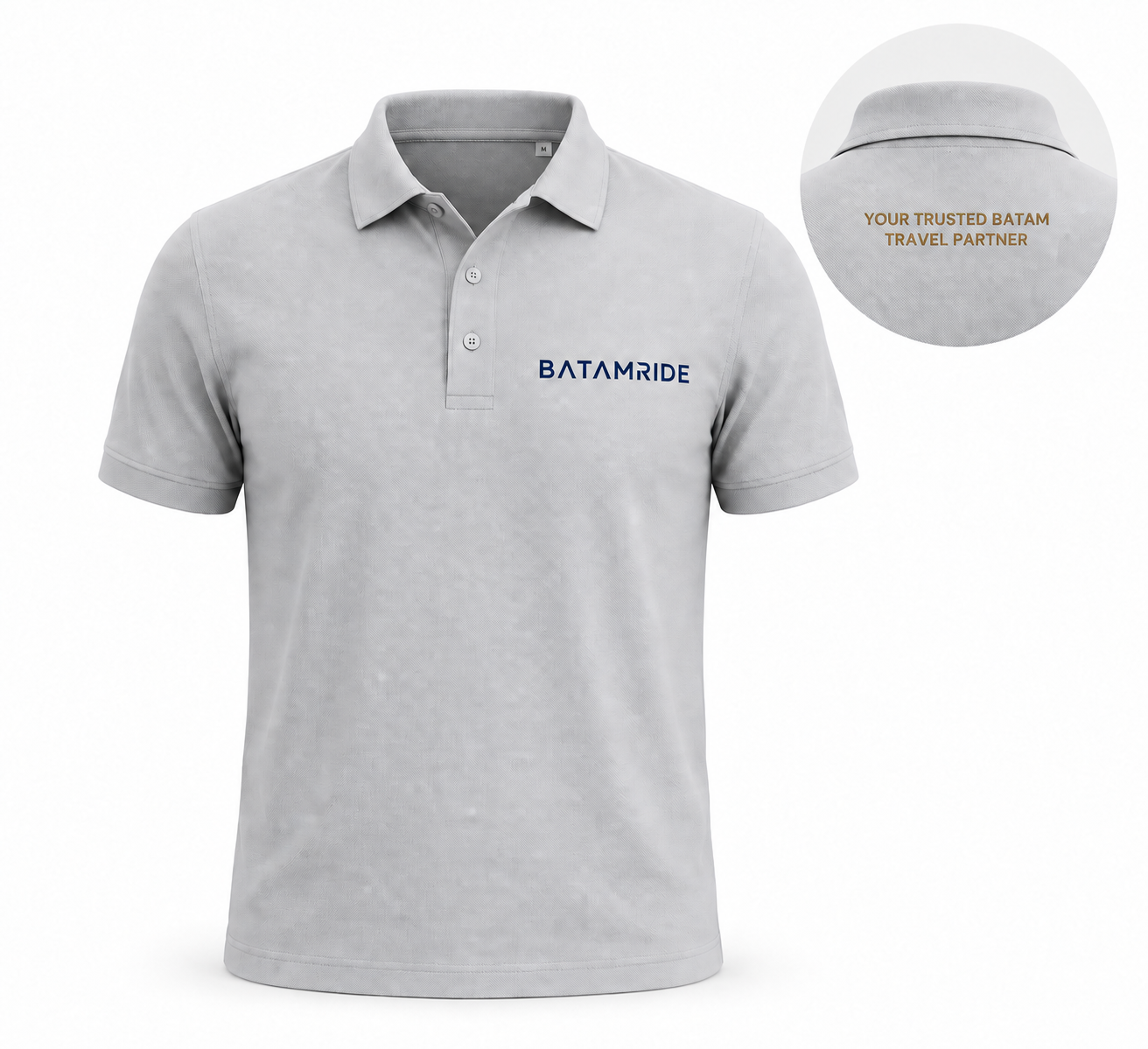 Official light grey BatamRide driver polo with navy chest logo and champagne-gold back-collar tagline